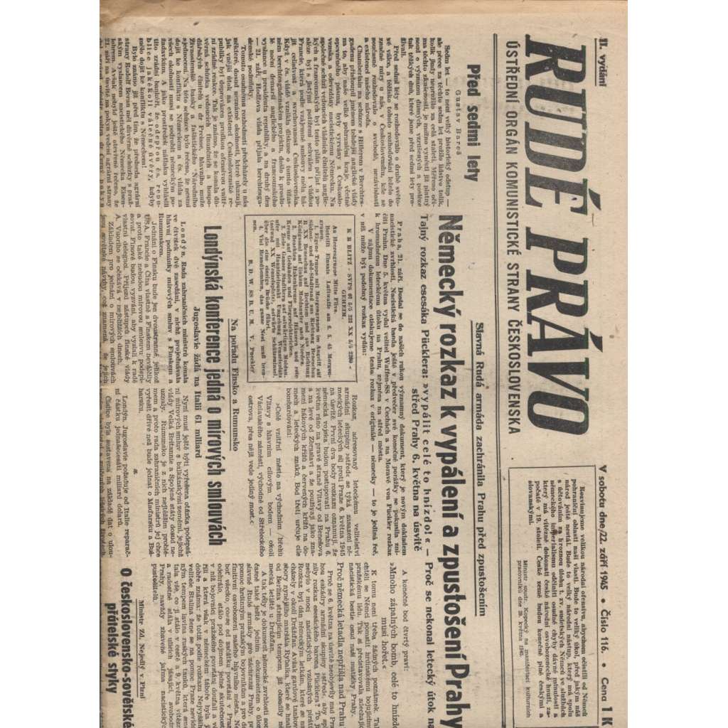 Rudé právo (22.9.1945) - staré noviny
