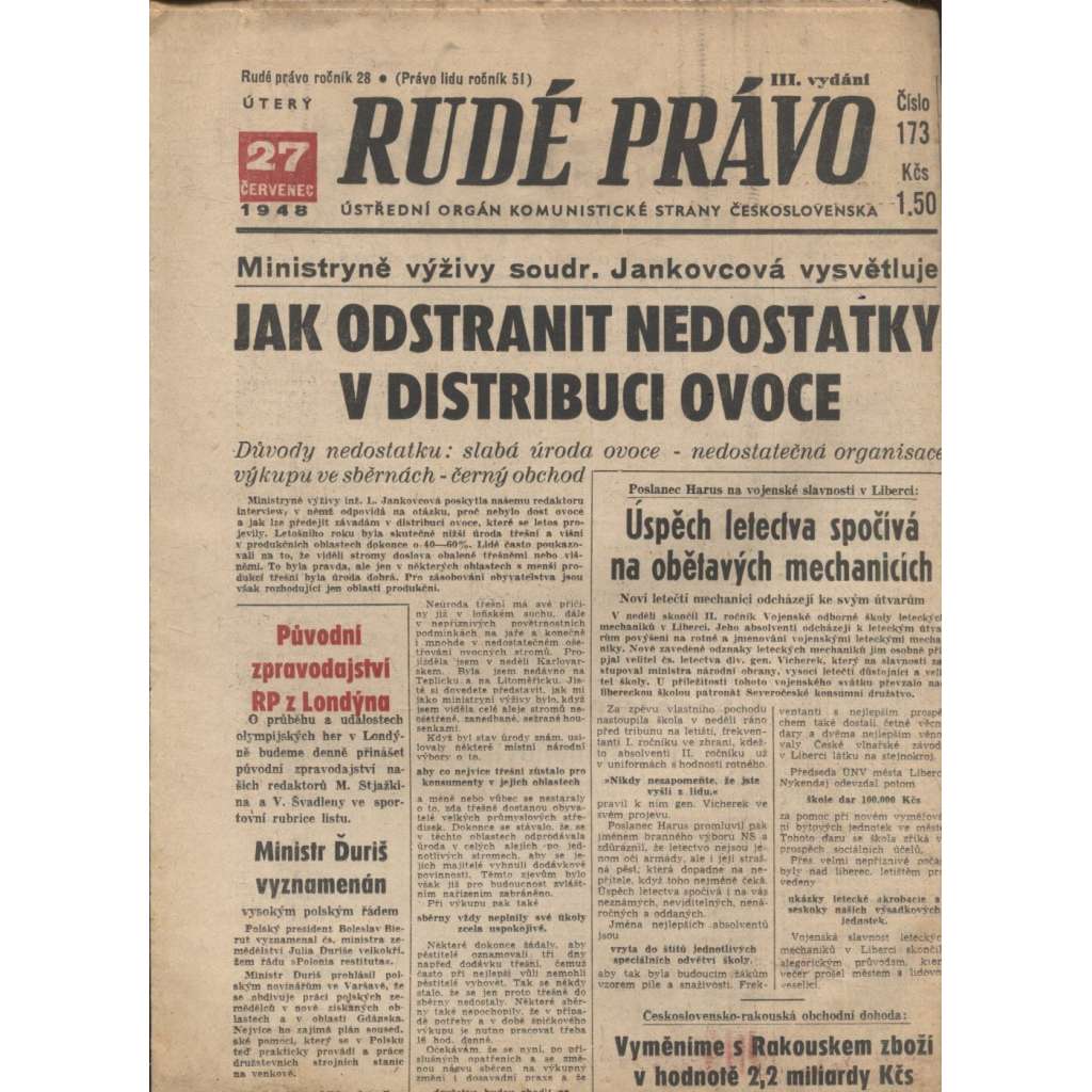Rudé právo (27.7.1948) - staré noviny