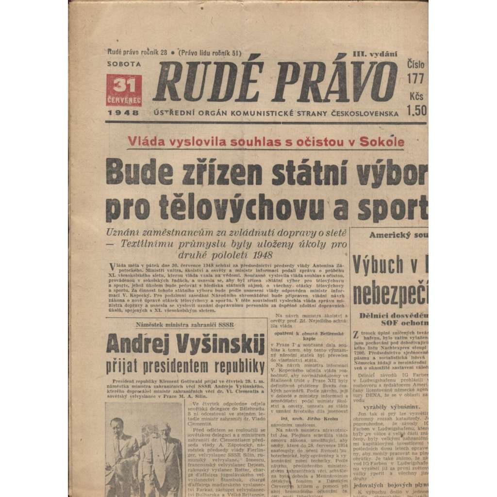 Rudé právo (31.7.1948) - staré noviny - Ústřední orgán KSČ [komunisté, komunismus]