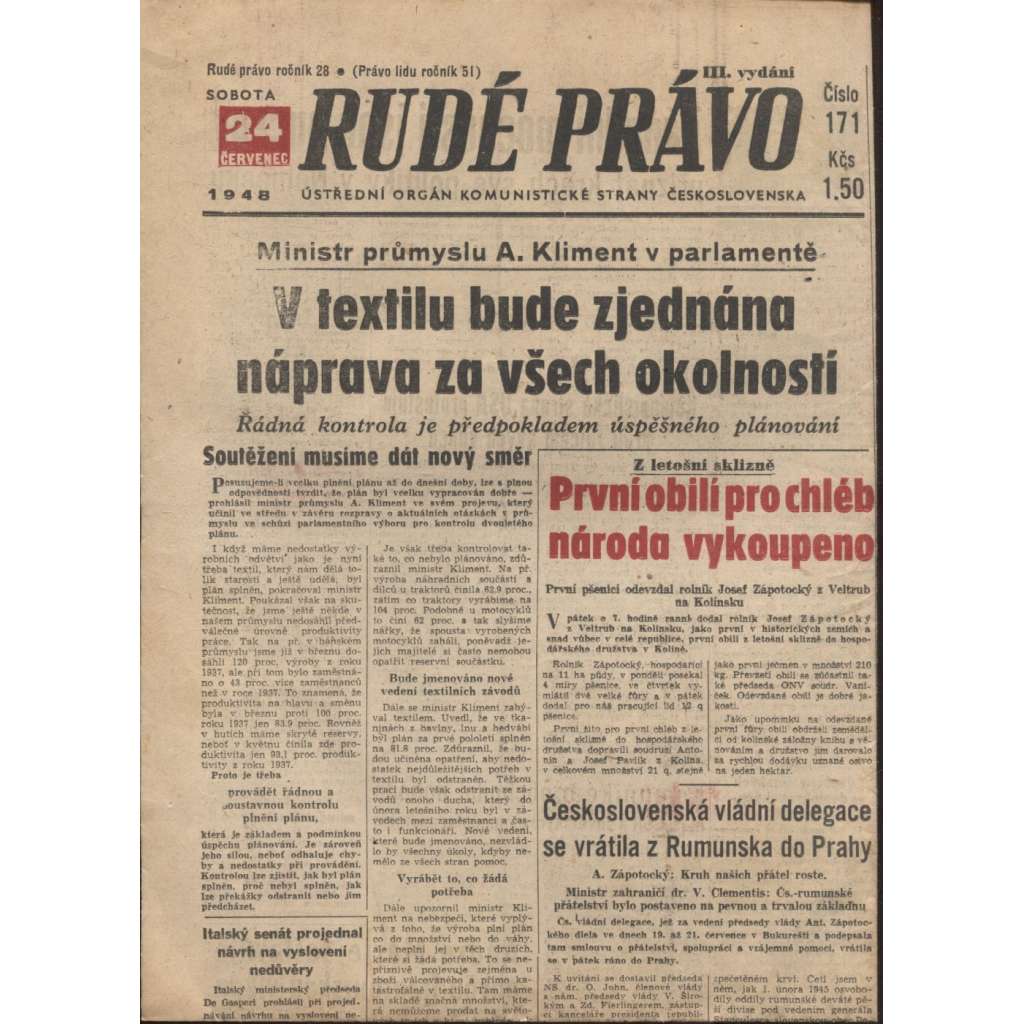 Rudé právo (24.7.1948) - staré noviny