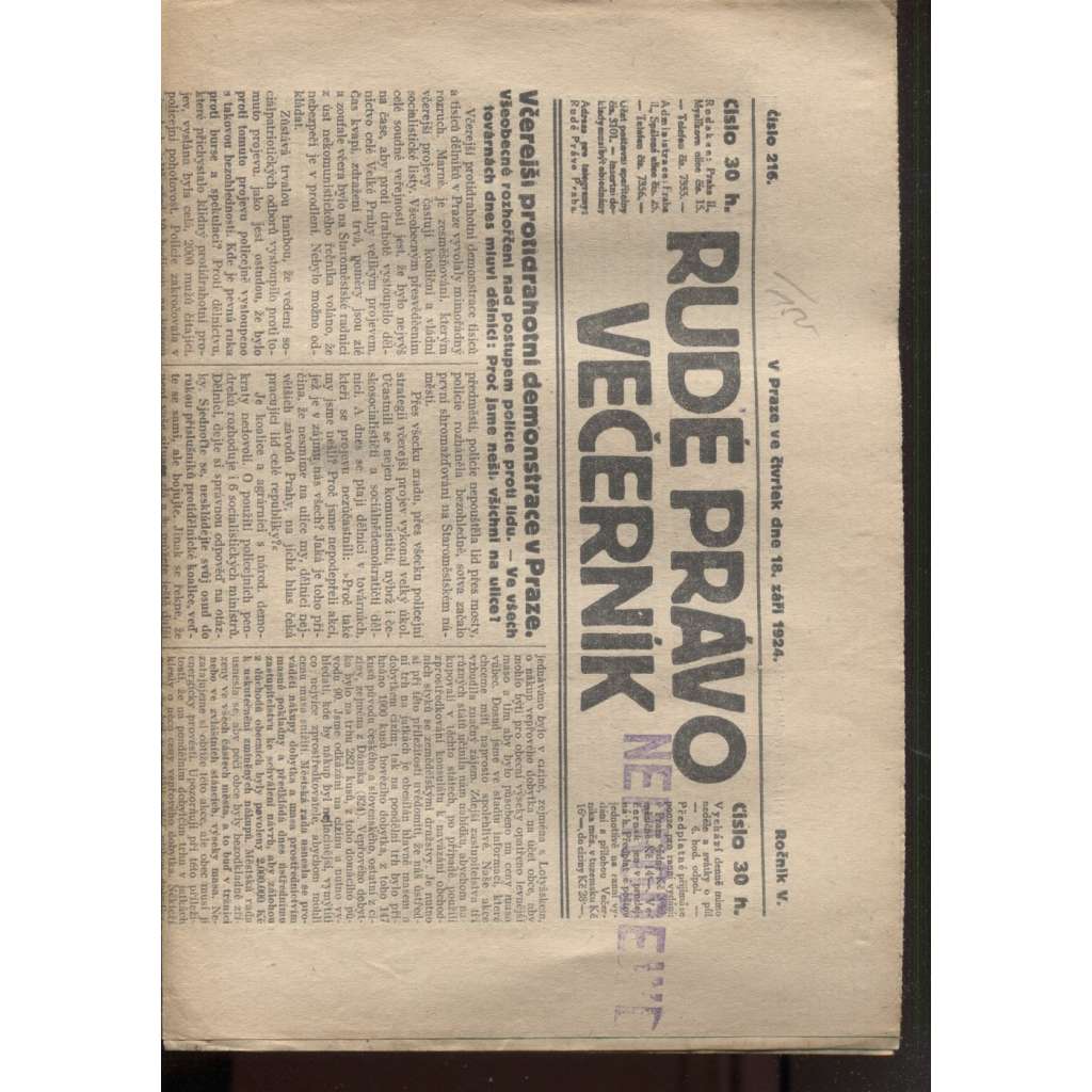 Rudé právo - večerník (18.9.1924) - 1. republika, staré noviny