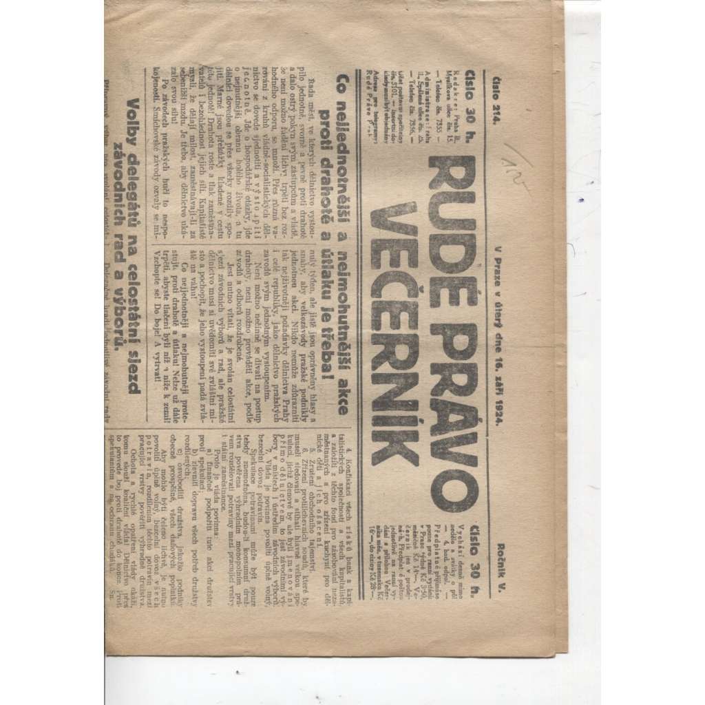 Rudé právo - večerník (16.9.1924) - 1. republika, staré noviny