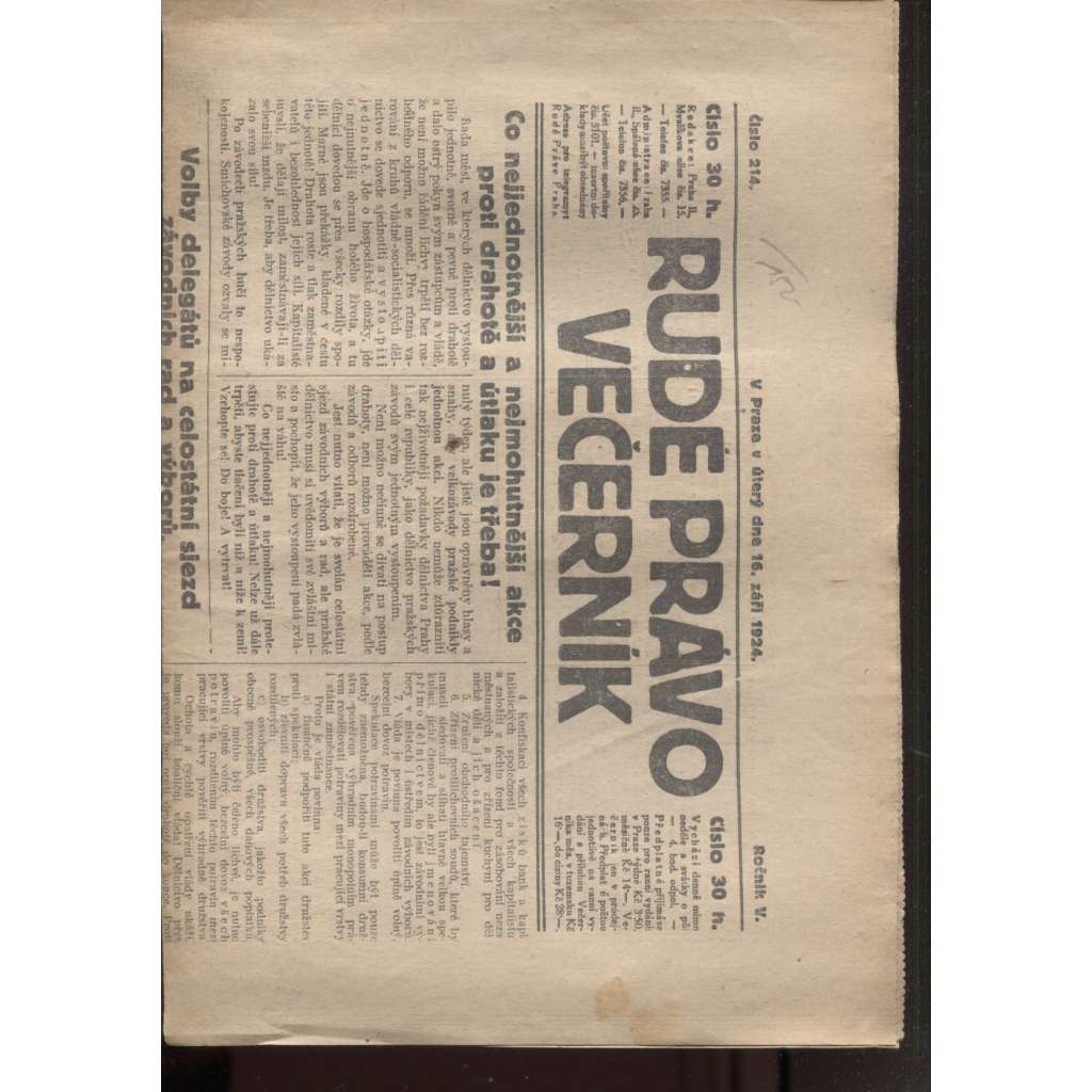 Rudé právo - večerník (16.9.1924) - 1. republika, staré noviny