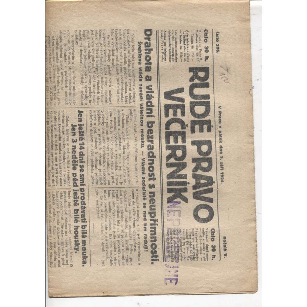 Rudé právo - večerník (5.9.1924) - 1. republika, staré noviny
