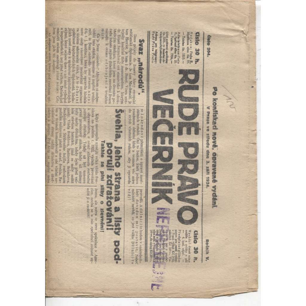 Rudé právo - večerník (3.9.1924) - 1. republika, staré noviny