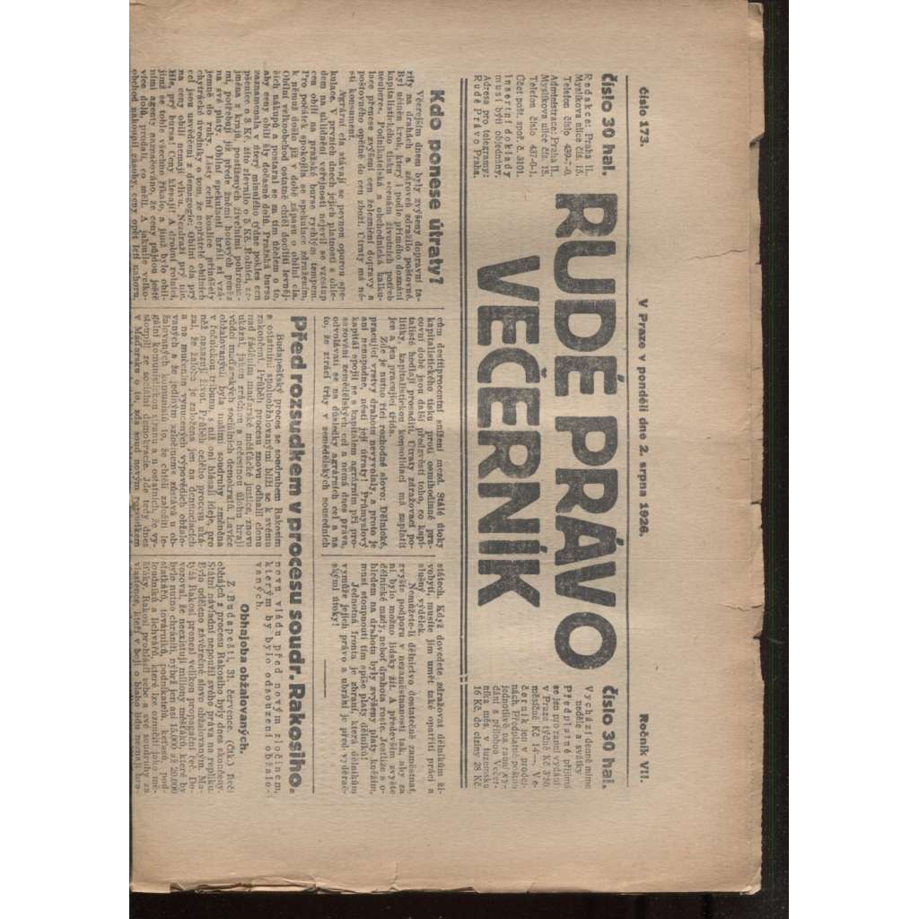 Rudé právo - večerník (2.8.1926) - 1. republika, staré noviny