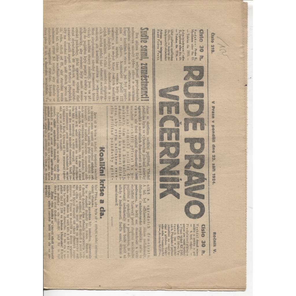 Rudé právo - večerník (22.9.1924) - 1. republika, staré noviny