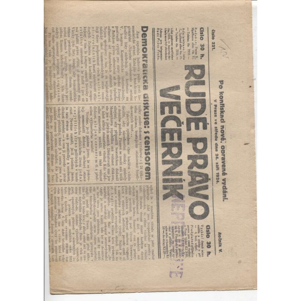 Rudé právo - večerník (24.9.1924) - 1. republika, staré noviny