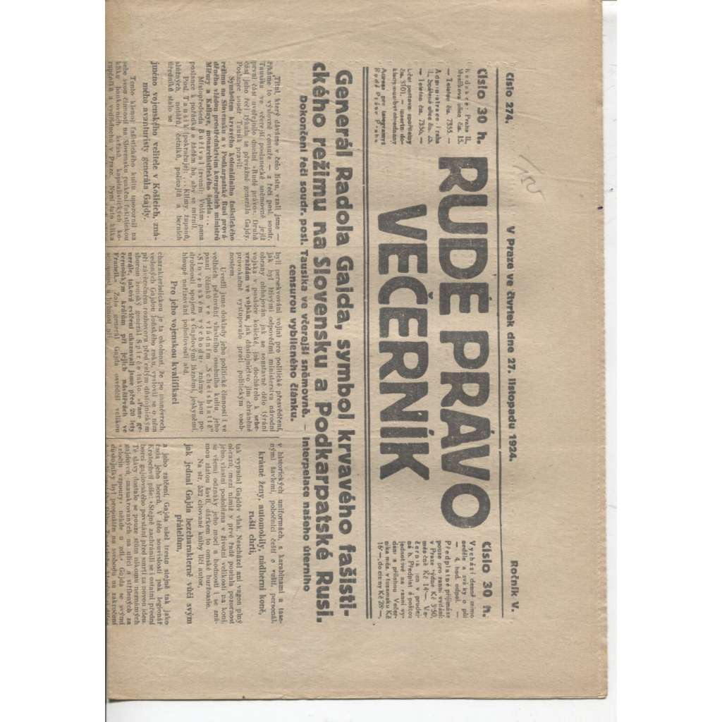 Rudé právo - večerník (27.9.1924) - 1. republika, staré noviny