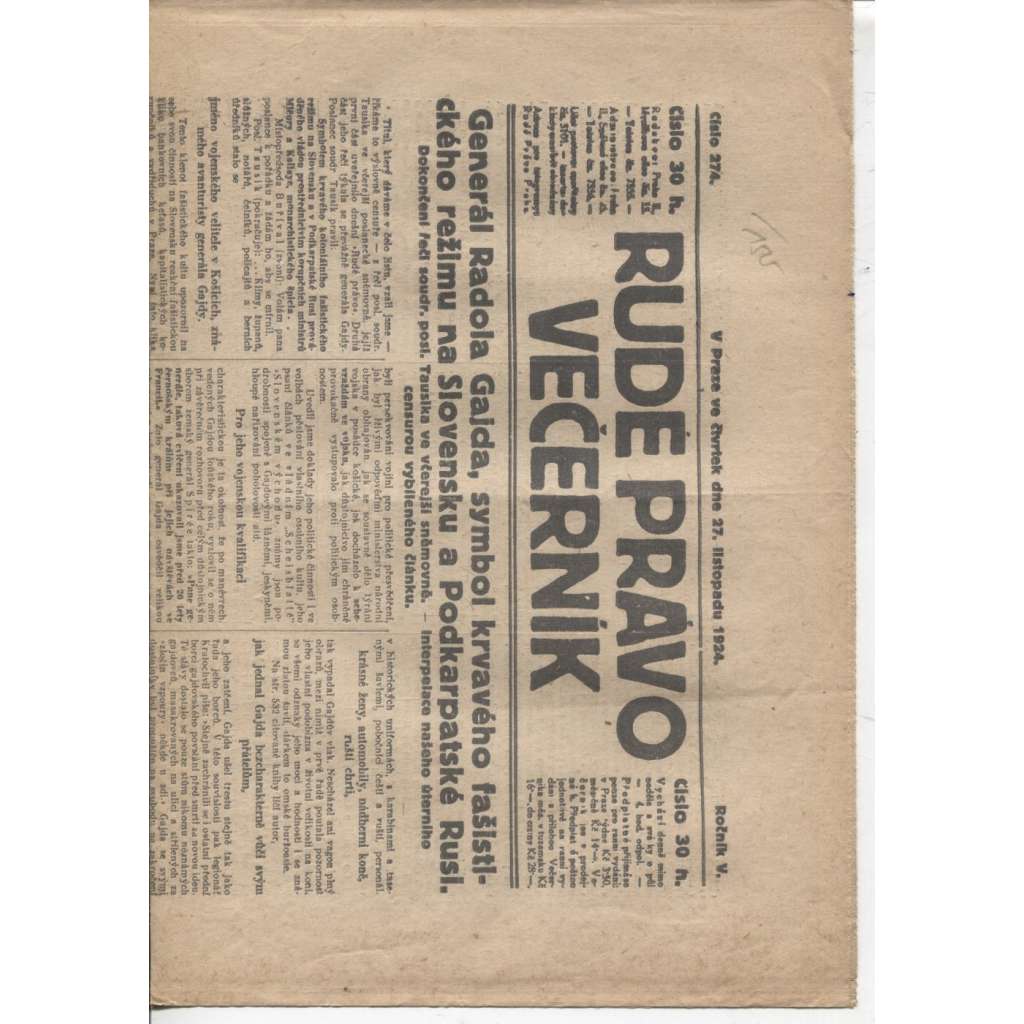 Rudé právo - večerník (27.11.1924) - 1. republika, staré noviny