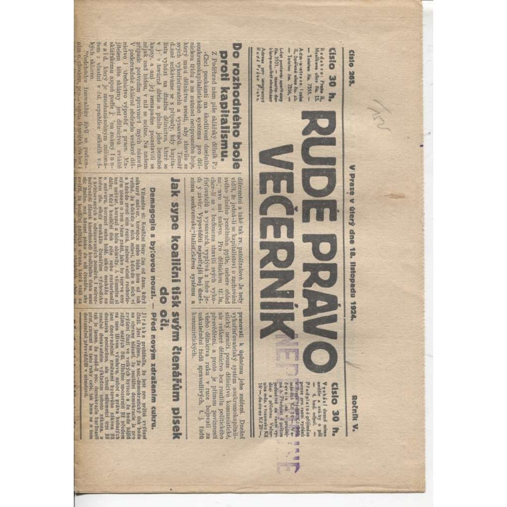Rudé právo - večerník (18.11.1924) - 1. republika, staré noviny
