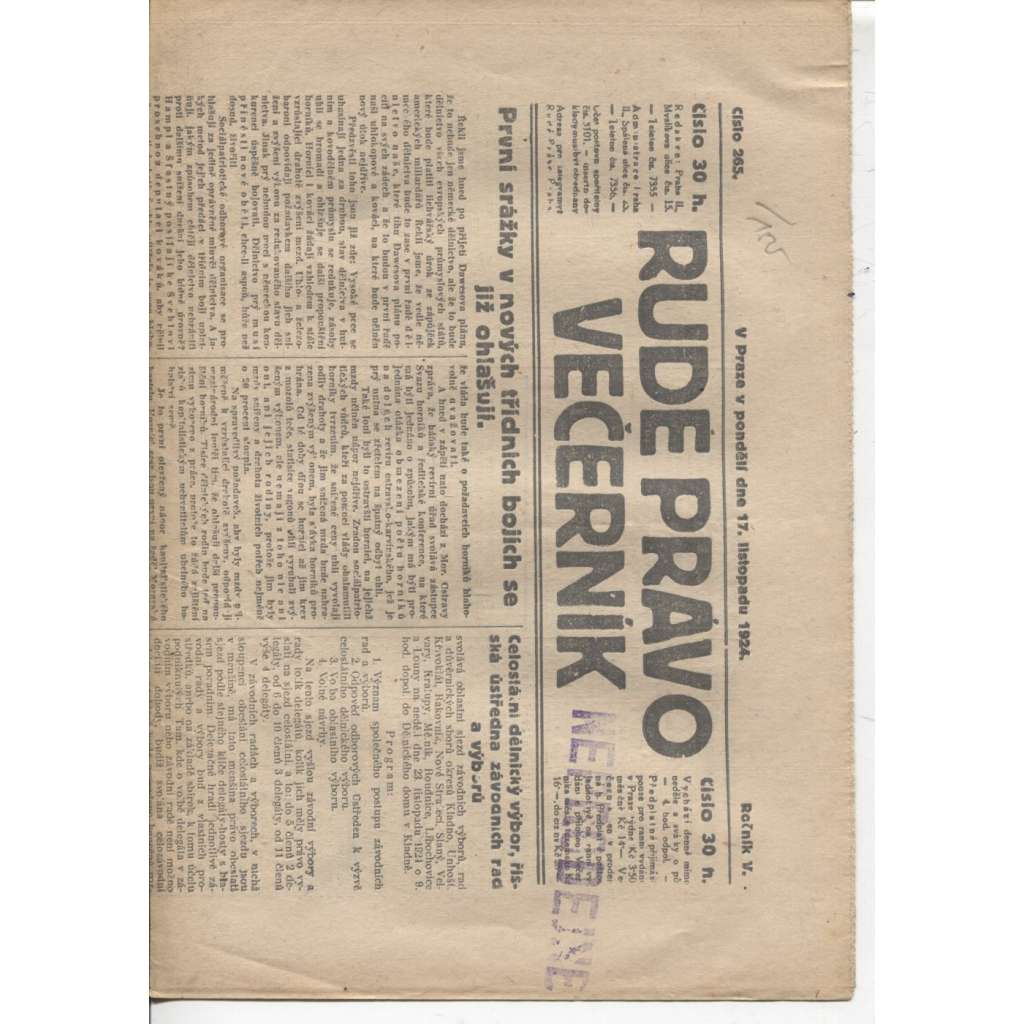 Rudé právo - večerník (17.11.1924) - 1. republika, staré noviny