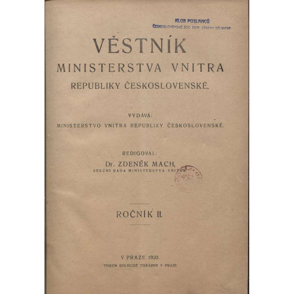 Věstník Ministerstva vnitra Republiky československé, ročník II./1920 (právo)