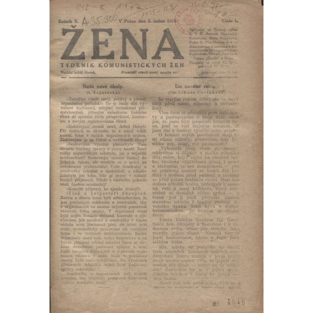 Žena, ročník X./1924. Týdeník komunistických žen (pošk.) - komunistická literatura, levicová literatura
