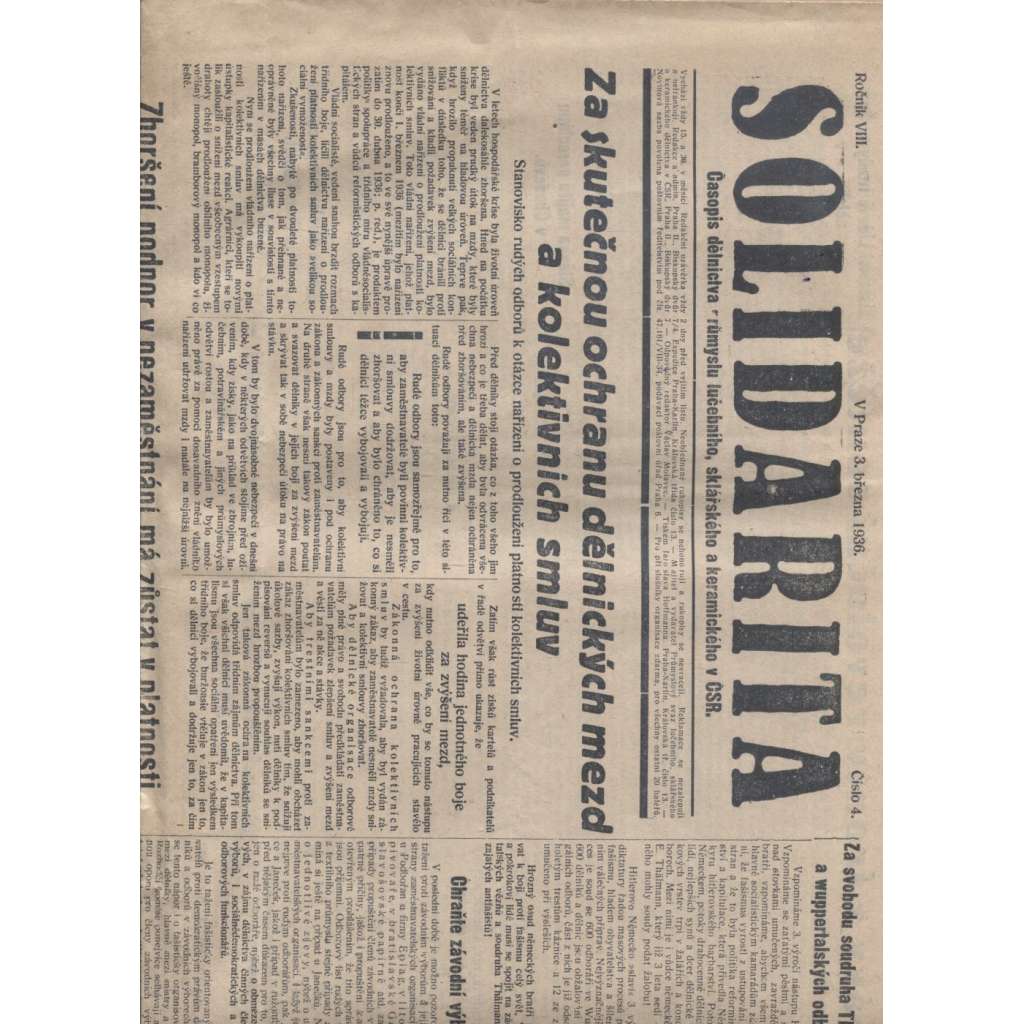 Solidarita, ročník VIII., č. 4. - 3. března 1936 (staré noviny, 1. republika) - prví vydání se zásahy cenzury