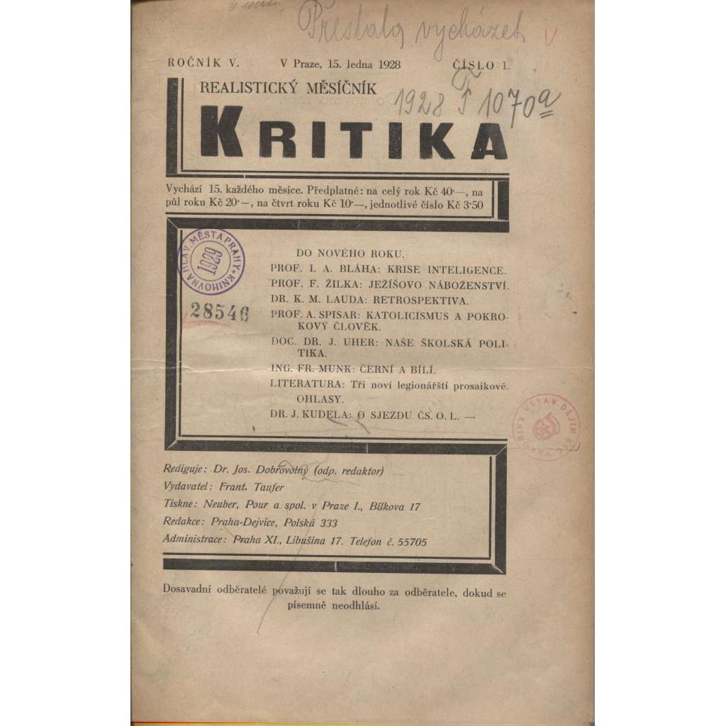 Kritika, ročník V./1928 (Realistický měsíčník)