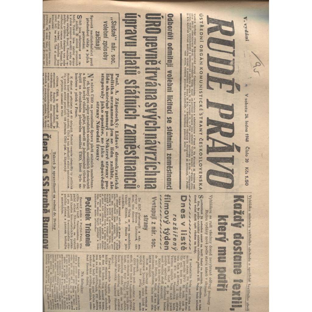 Rudé právo (24.1.1948) - staré noviny