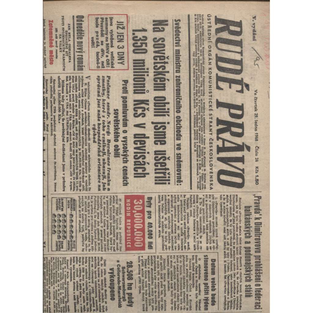 Rudé právo (29.1.1948) - staré noviny