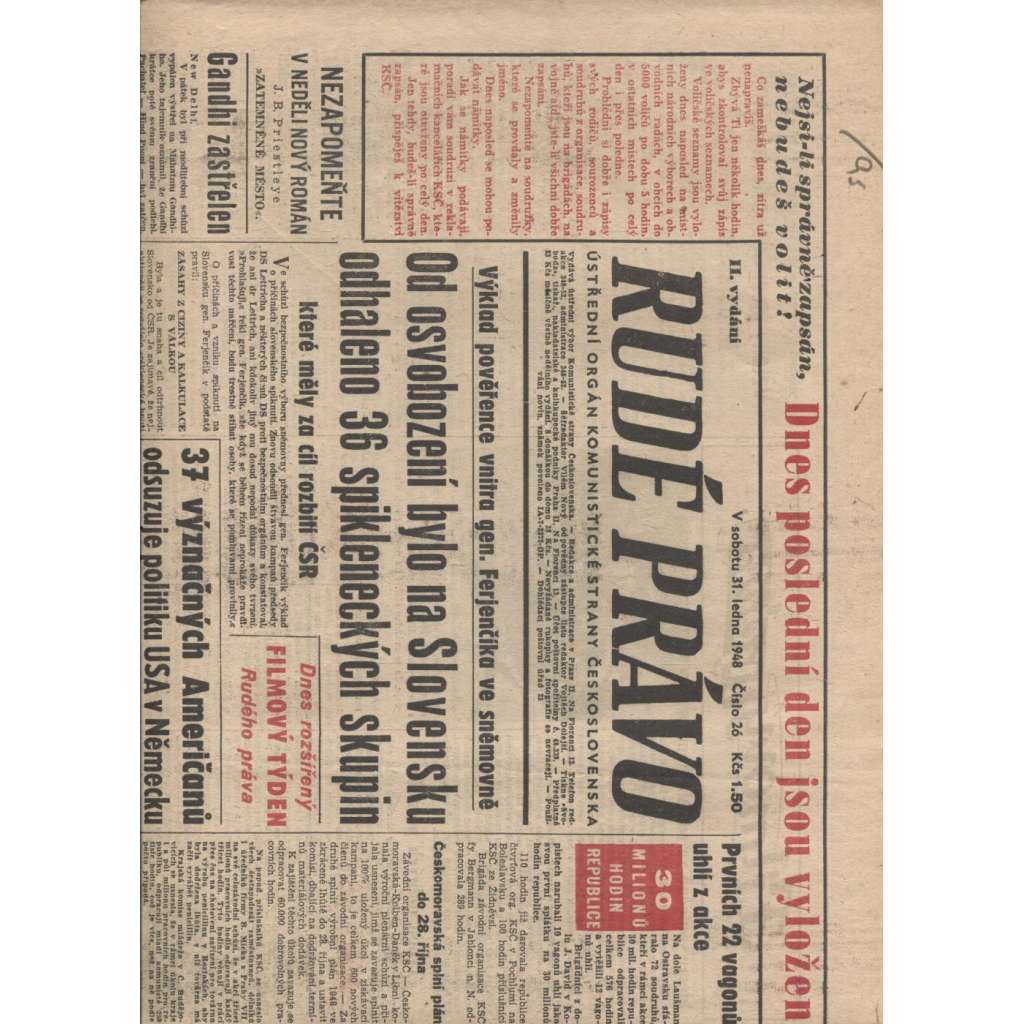 Rudé právo (31.1.1948) - staré noviny