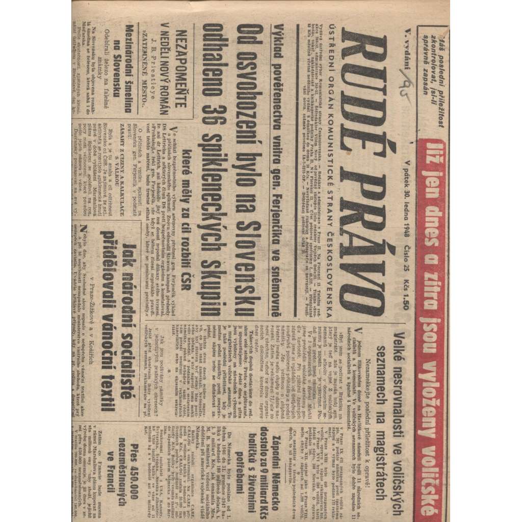 Rudé právo (30.1.1948) - staré noviny