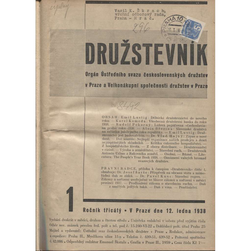 Družstevník, ročník XXX./1938 (družstvo, družstva) / Právní rádce, ročník III./1912 (právo)