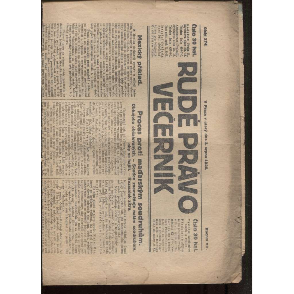 Rudé právo - večerník (3.8.1926) - 1. republika, staré noviny