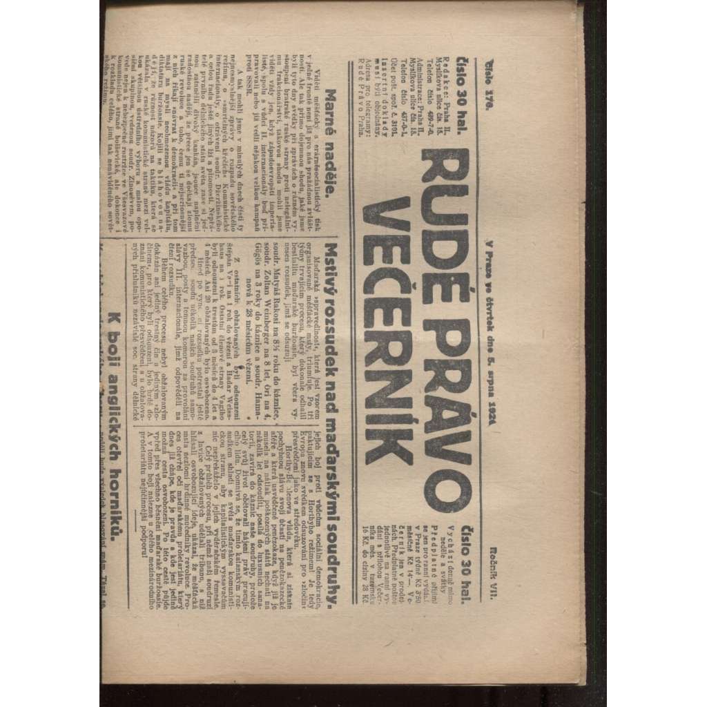 Rudé právo - večerník (5.8.1926) - 1. republika, staré noviny
