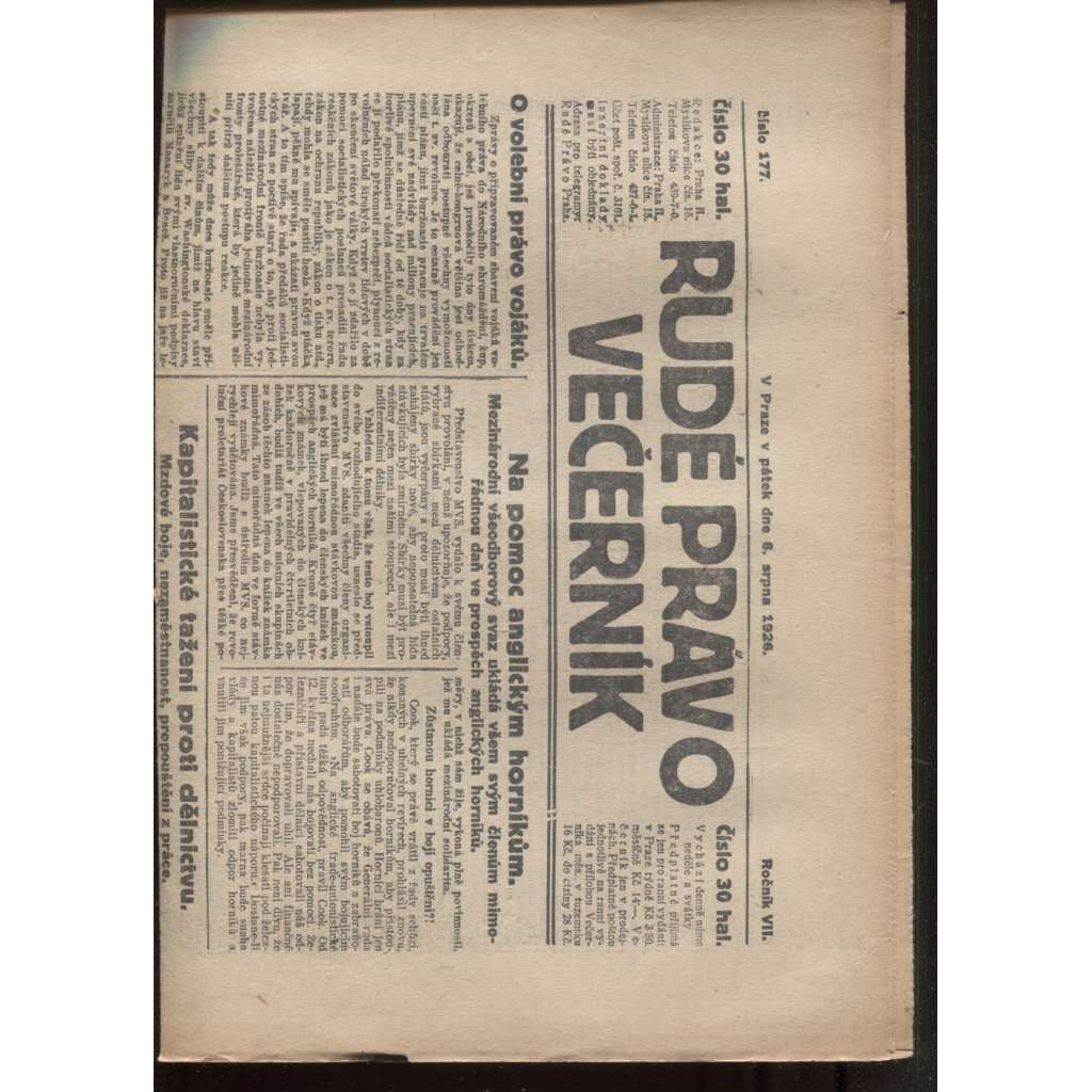 Rudé právo - večerník (6.8.1926) - 1. republika, staré noviny