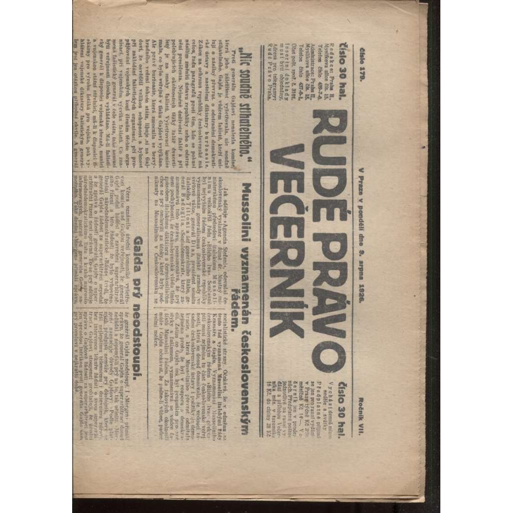 Rudé právo - večerník (9.8.1926) - 1. republika, staré noviny