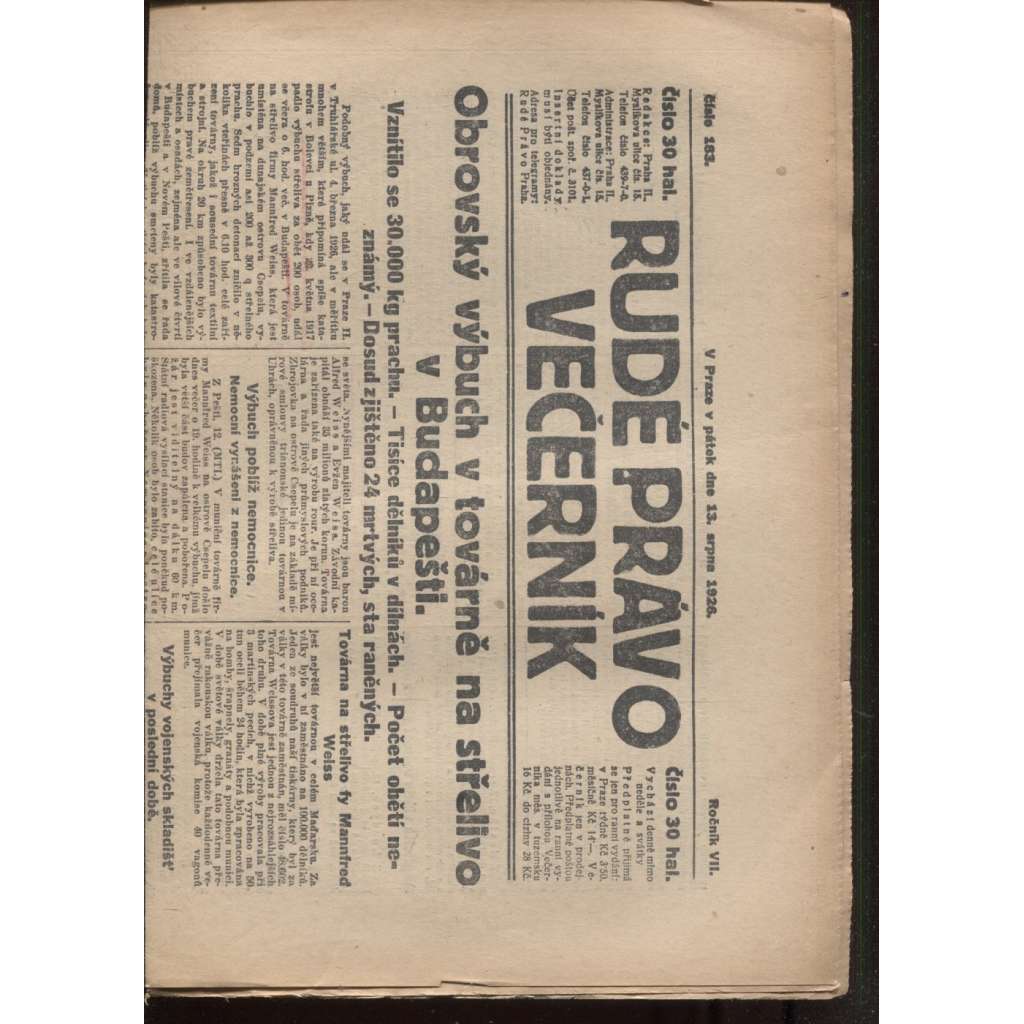 Rudé právo - večerník (13.8.1926) - 1. republika, staré noviny