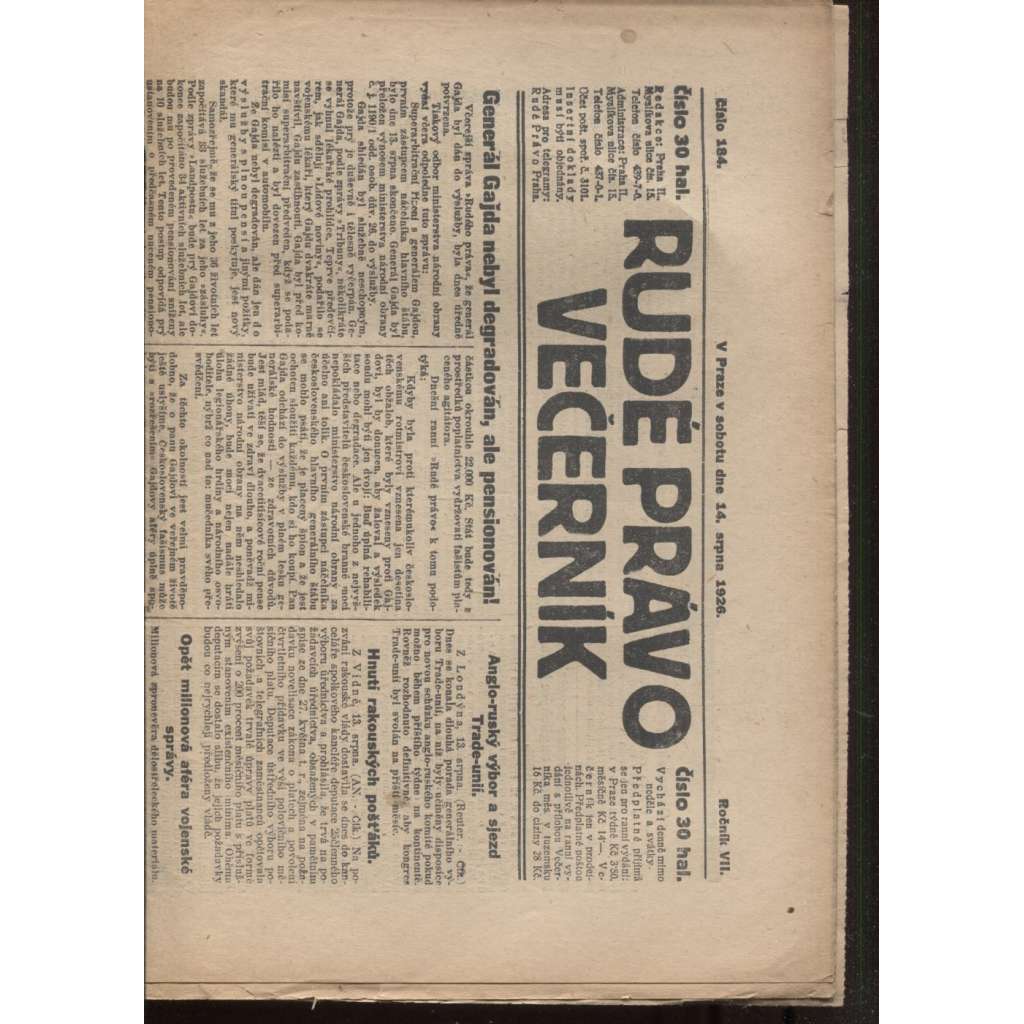 Rudé právo - večerník (14.8.1926) - 1. republika, staré noviny