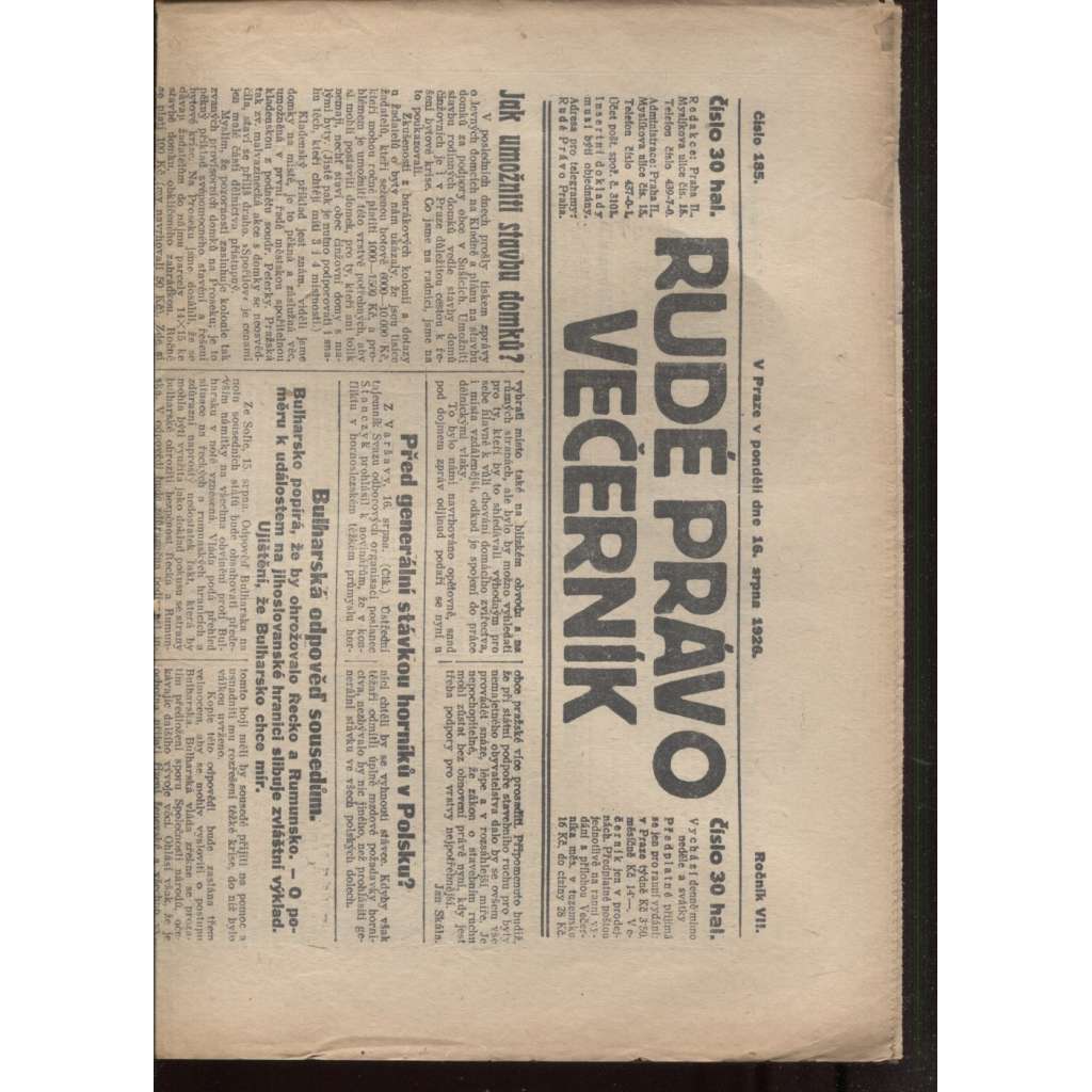 Rudé právo - večerník (16.8.1926) - 1. republika, staré noviny
