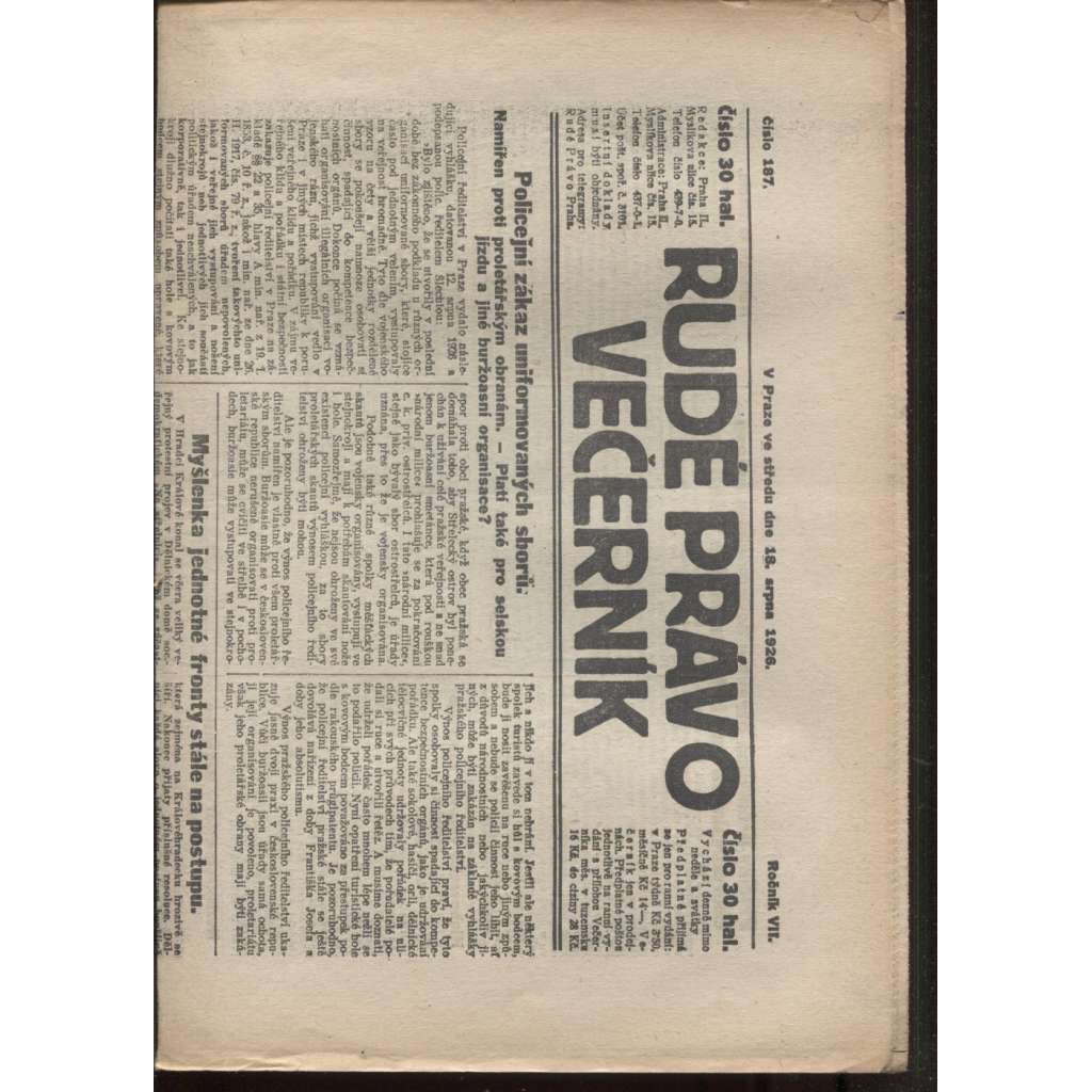 Rudé právo - večerník (18.8.1926) - 1. republika, staré noviny