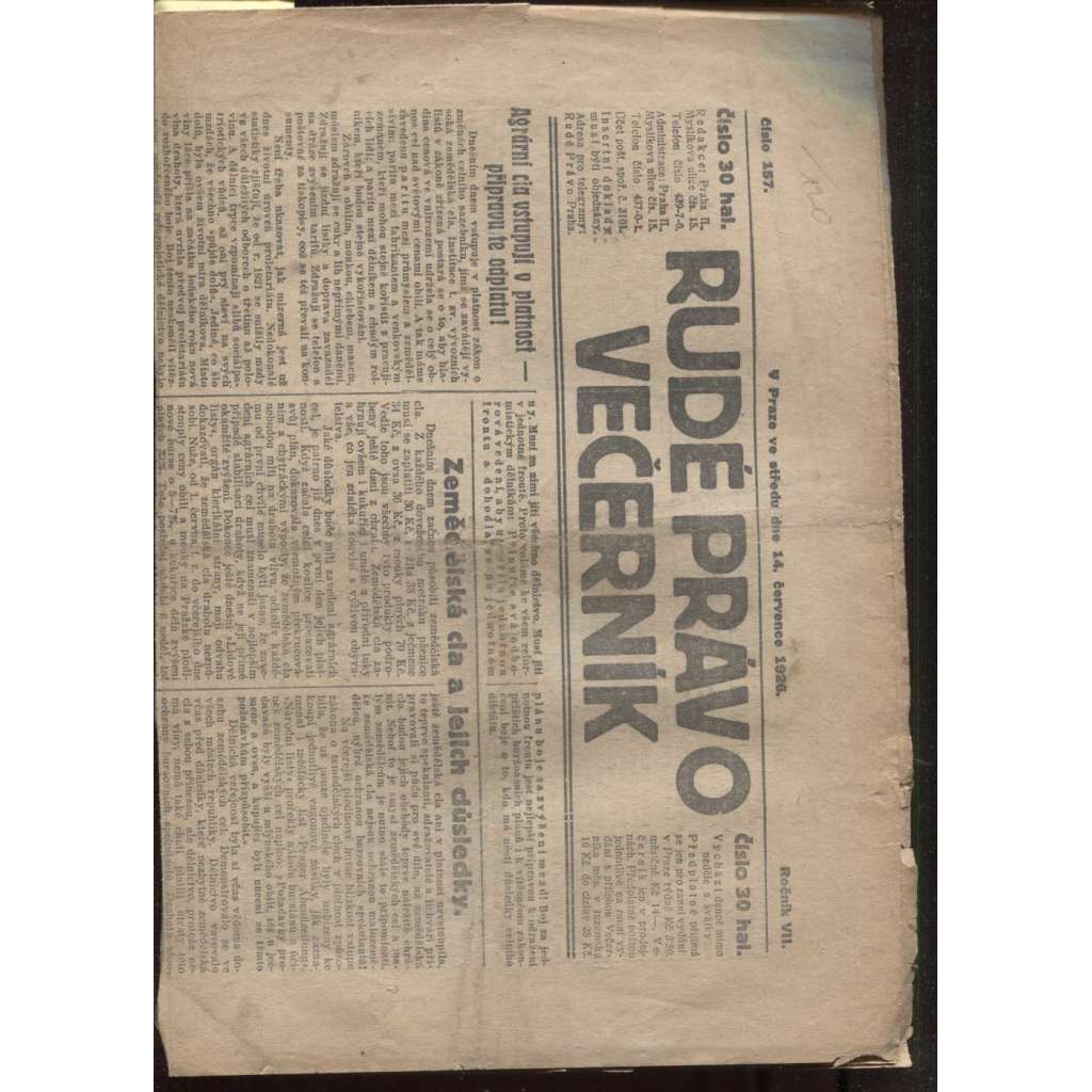 Rudé právo - večerník (14.7.1926) - 1. republika, staré noviny