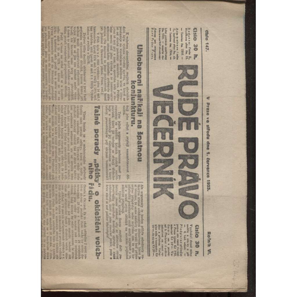 Rudé právo - večerník (1.7.1925) - 1. republika, staré noviny