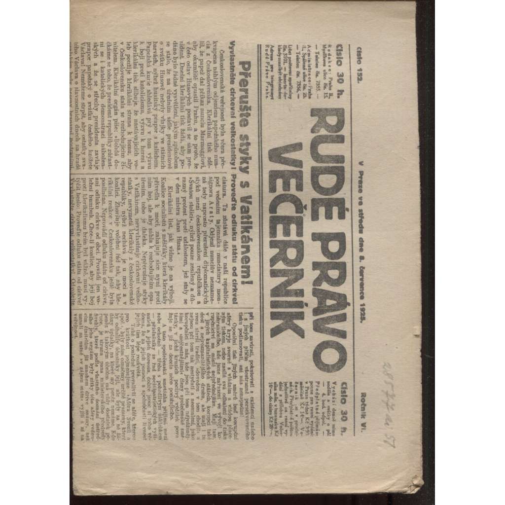 Rudé právo - večerník (8.7.1925) - 1. republika, staré noviny