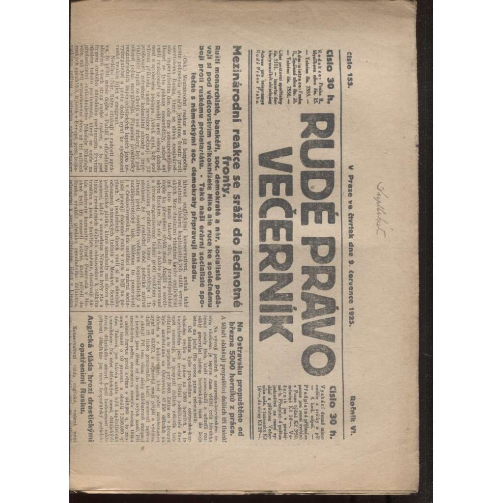 Rudé právo - večerník (9.7.1925) - 1. republika, staré noviny