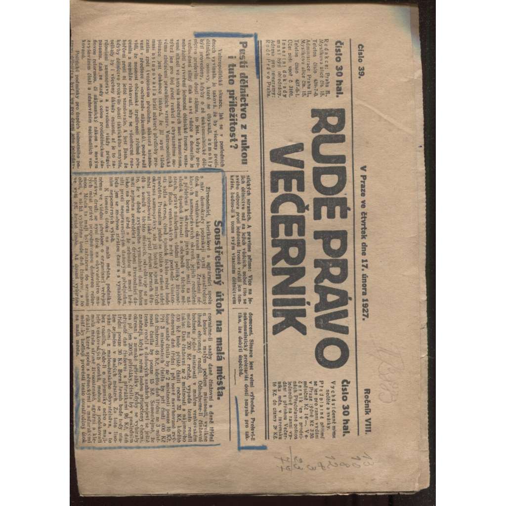 Rudé právo - večerník (17.2.1927)  - 1. republika, staré noviny
