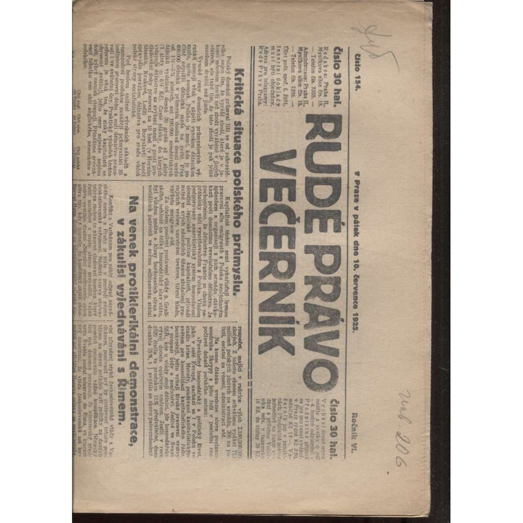 Rudé právo - večerník (10.7.1925) - 1. republika, staré noviny