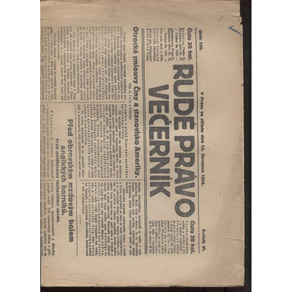 Rudé právo - večerník (15.7.1925) - 1. republika, staré noviny