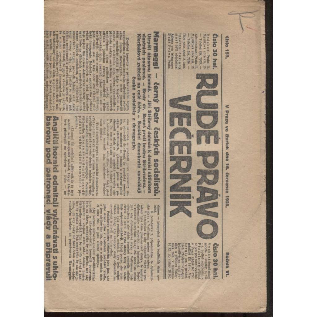 Rudé právo - večerník (16.7.1925) - 1. republika, staré noviny