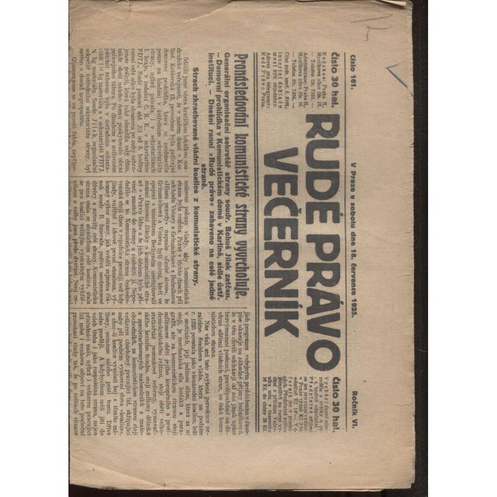 Rudé právo - večerník (18.7.1925) - 1. republika, staré noviny