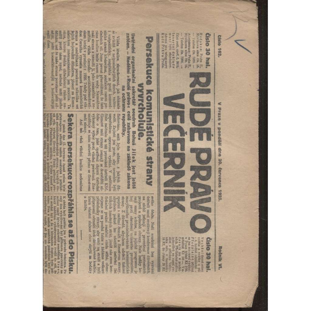 Rudé právo - večerník (20.7.1925) - 1. republika, staré noviny