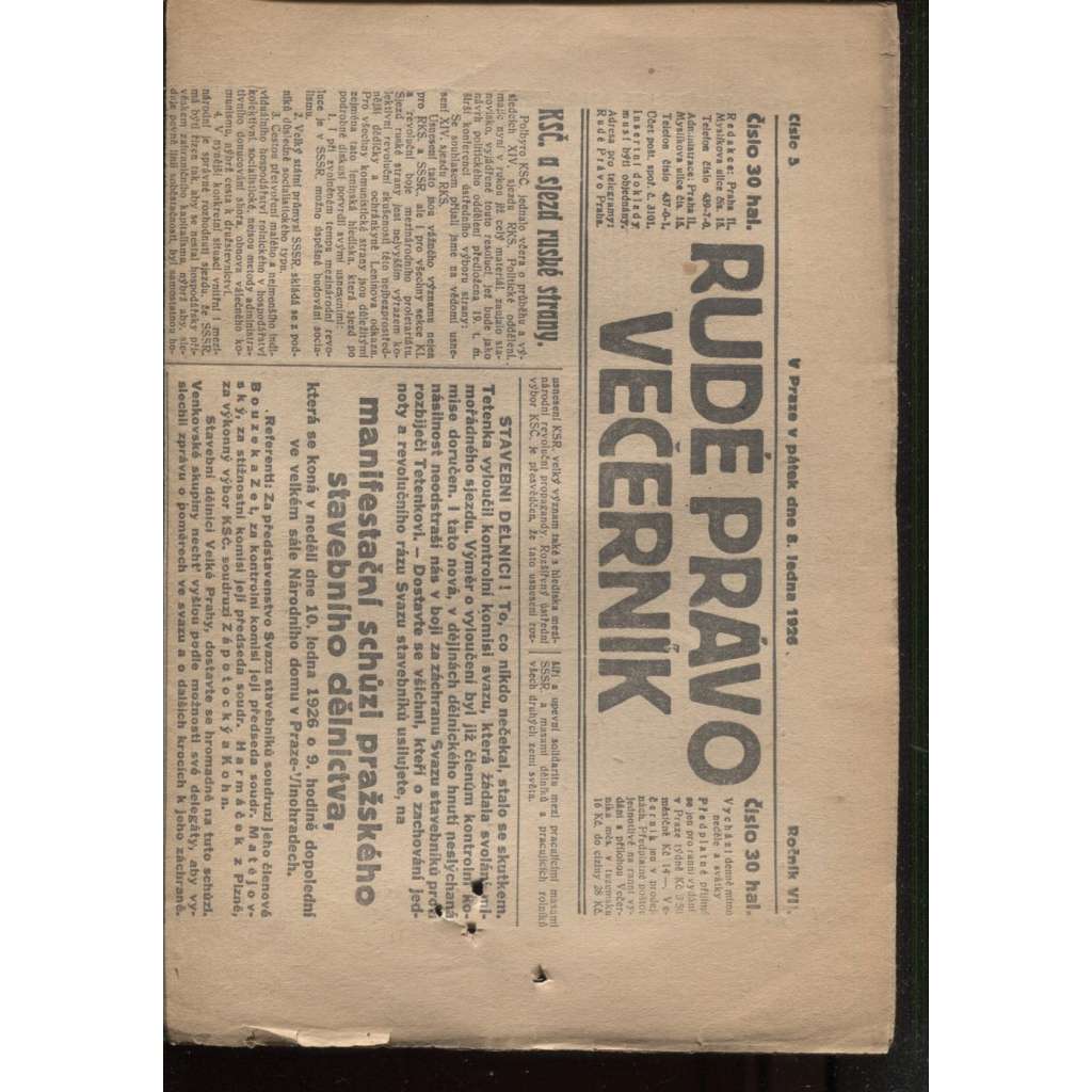 Rudé právo - večerník (8.1.1926) - 1. republika, staré noviny