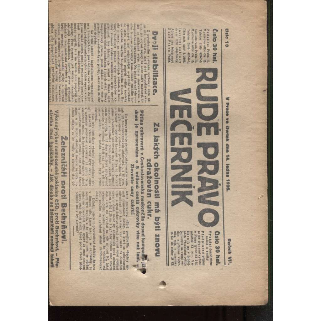 Rudé právo - večerník (14.1.1926) - 1. republika, staré noviny