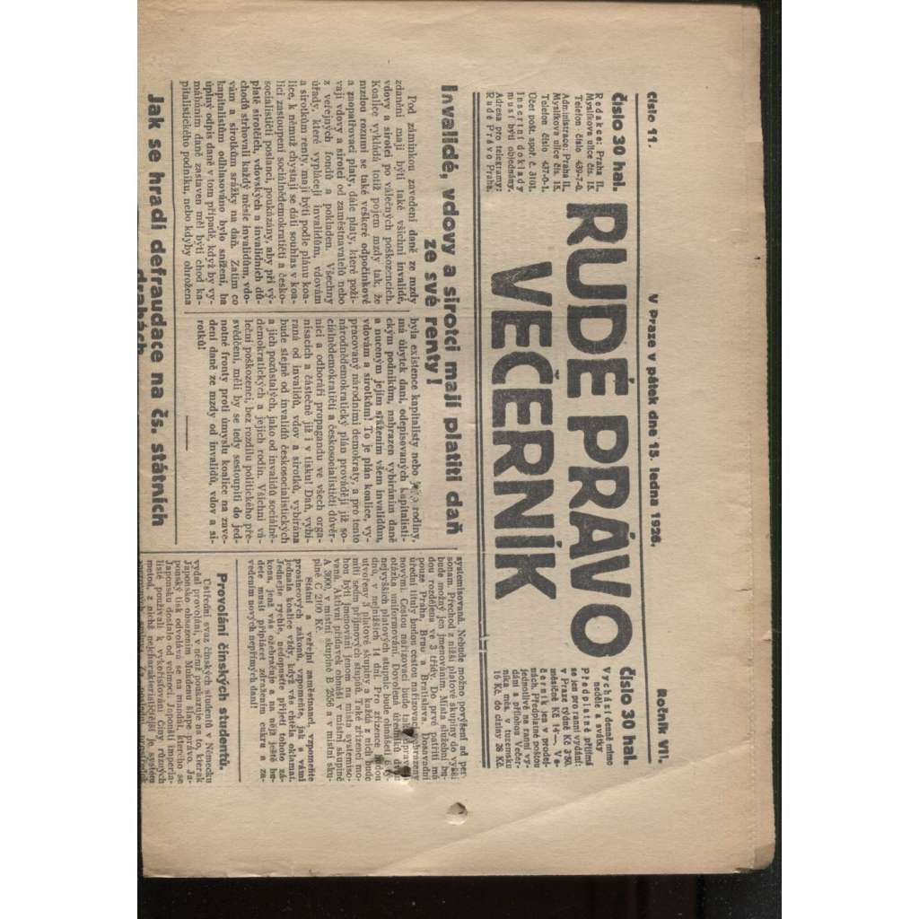Rudé právo - večerník (15.1.1926) - 1. republika, staré noviny