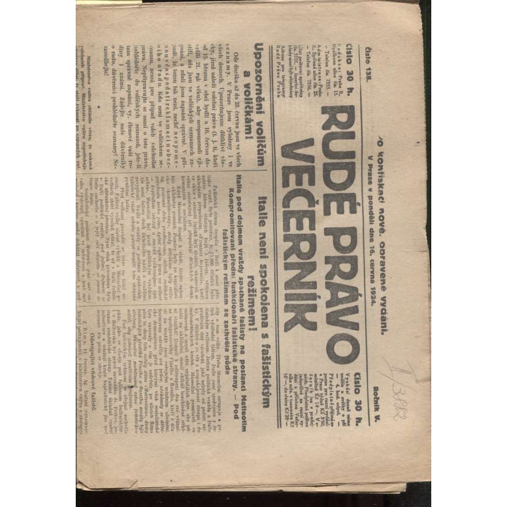 Rudé právo - večerník (16.6.1924) - 1. republika, staré noviny