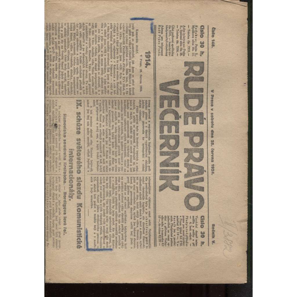 Rudé právo - večerník (28.6.1924) - 1. republika, staré noviny