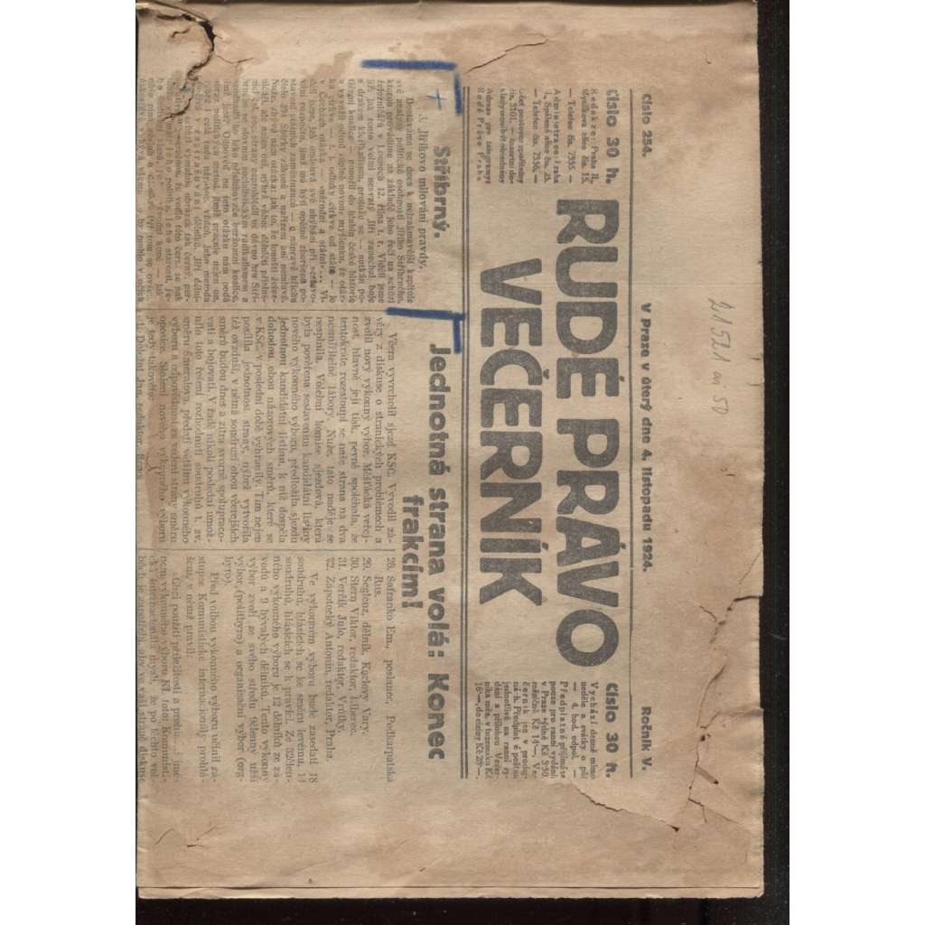 Rudé právo - večerník (4.11.1924) - 1. republika, staré noviny (pošk.)