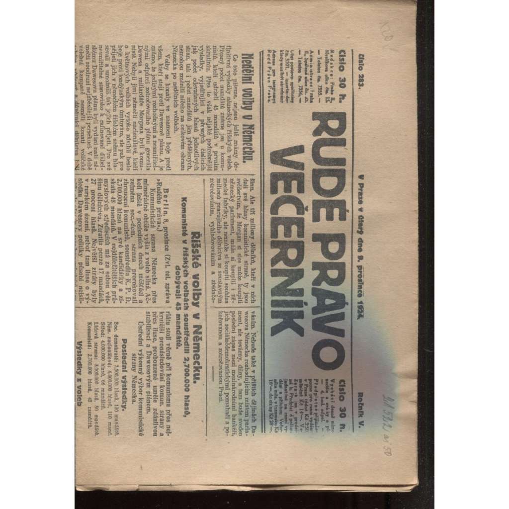 Rudé právo - večerník (9.12.1924) - 1. republika, staré noviny